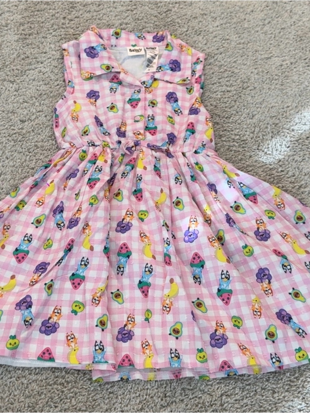Bluey Pink Fruit Print Sleeveless Collared Kids Dress